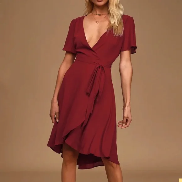 Lulus | Dresses | Lulus Burgundy Wrap Midi Dress | Poshmark